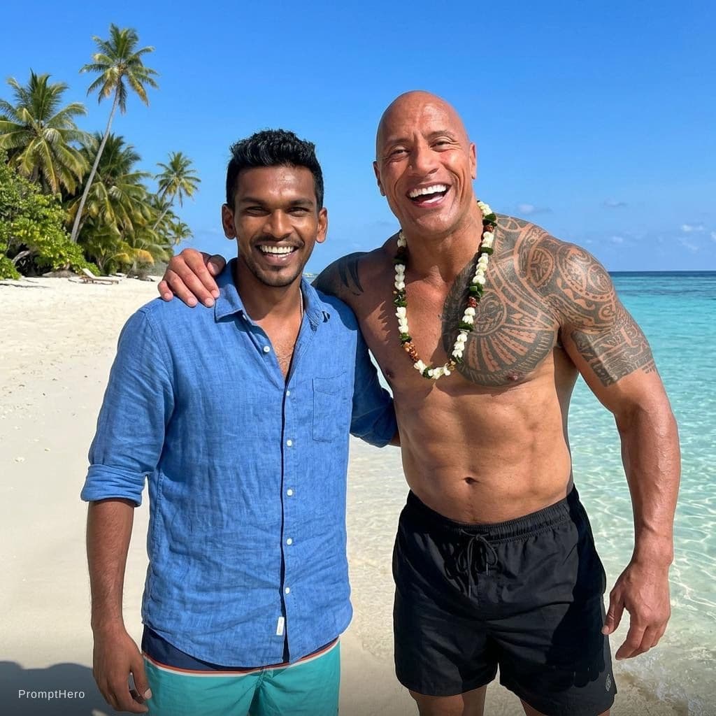 AI generated: with Dwayne Johnson at a tropical beach, sunny day, both smiling