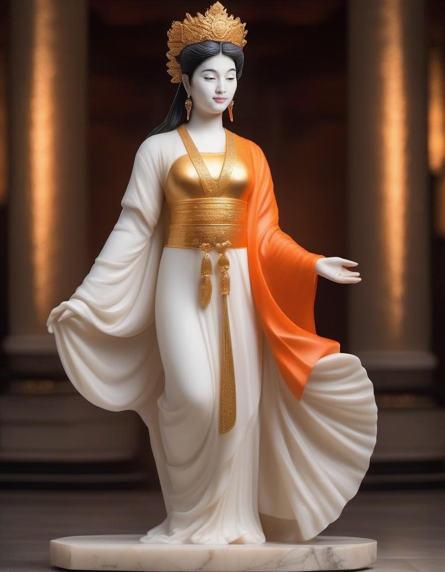 AI generated: full body shot, half turn, (marble statue of a woman:1.5), (stone skin:1.5), dressed in tunic, (oran...
