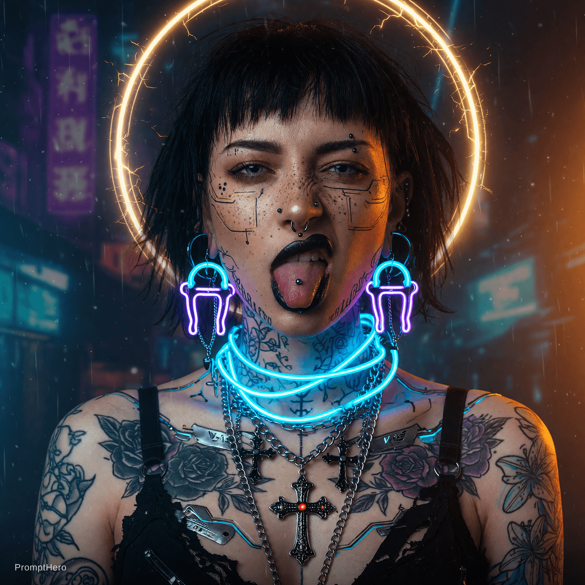 AI generated: extreme close-up portrait of a beautiful cyberpunk fallen angel woman, glowing golden neon halo ring...
