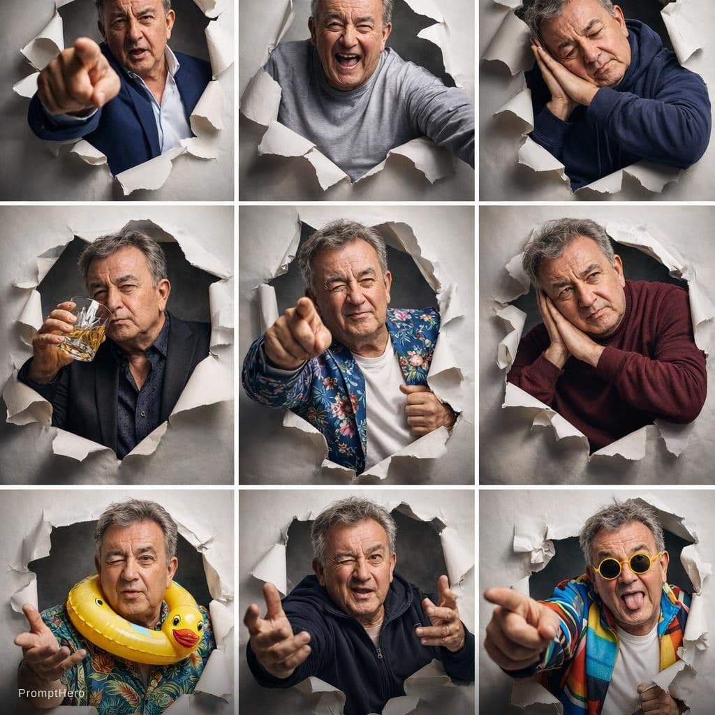 AI generated: 9:16 collage estilo estudio que muestra a un hombre adulto (cara que coincide con la foto subida),
c...