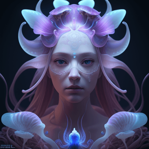 AI generated: Goddess close-up portrait ribcagel. jellyfish phoenix head, nautilus, orchid, skull, betta fish, bio...