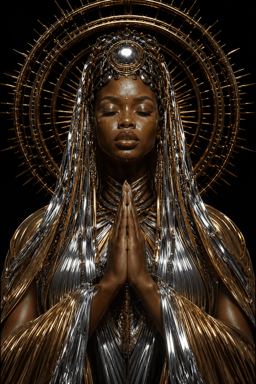 AI generated: frontal portrait of a stylized angelic figure with closed eyes and hands pressed in prayer, adorned ...