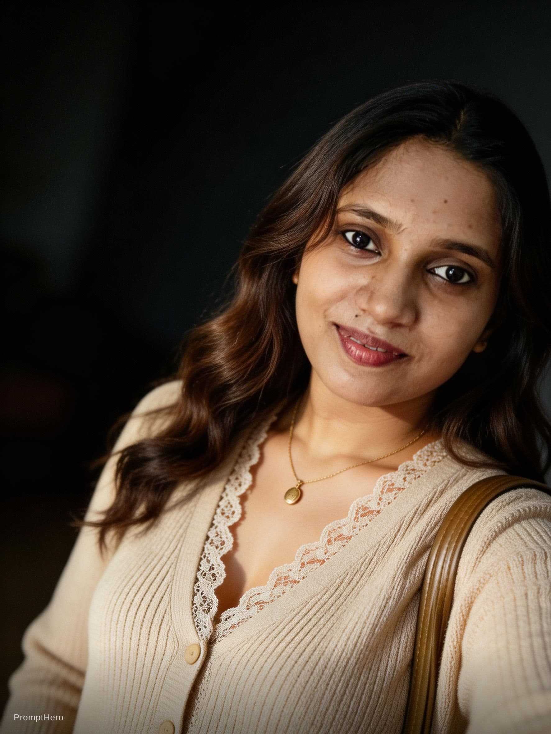 AI generated: A photorealistic close-up portrait of an adult woman in a dimly lit, moody studio setting, captured ...