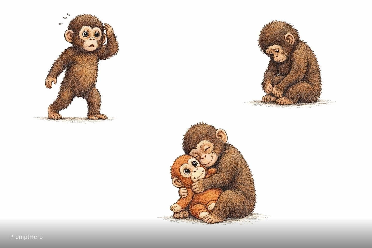 AI generated: vintage children's book illustration, emotional 3 scene storytelling composition, cute baby monkey w...