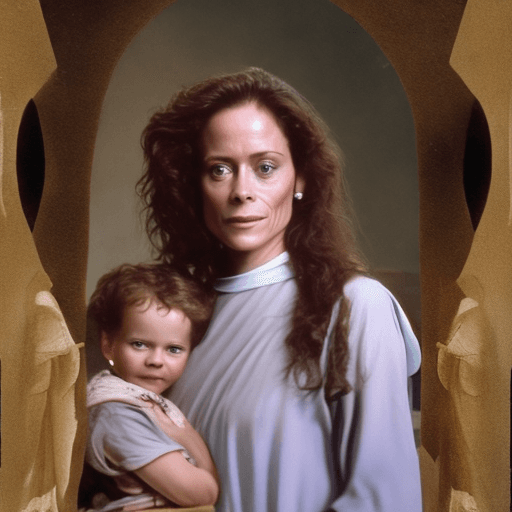 AI generated: /imagine prompt: sigourney wawer à 30 ans en madone allaitant l'enfant jesus, mais a la place de l'e...