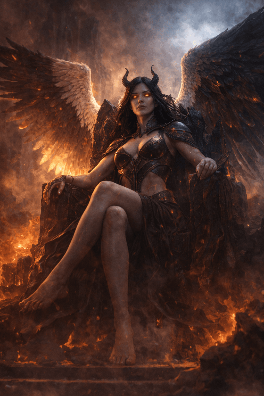 AI generated: A cinematic full-body dark fantasy scene of a female Lucifer seated upon a colossal infernal throne....