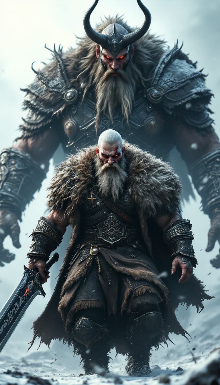 AI generated: An ultra-realistic, zoomed out, front facing full-body portrait of a towering Berserker with a thick...