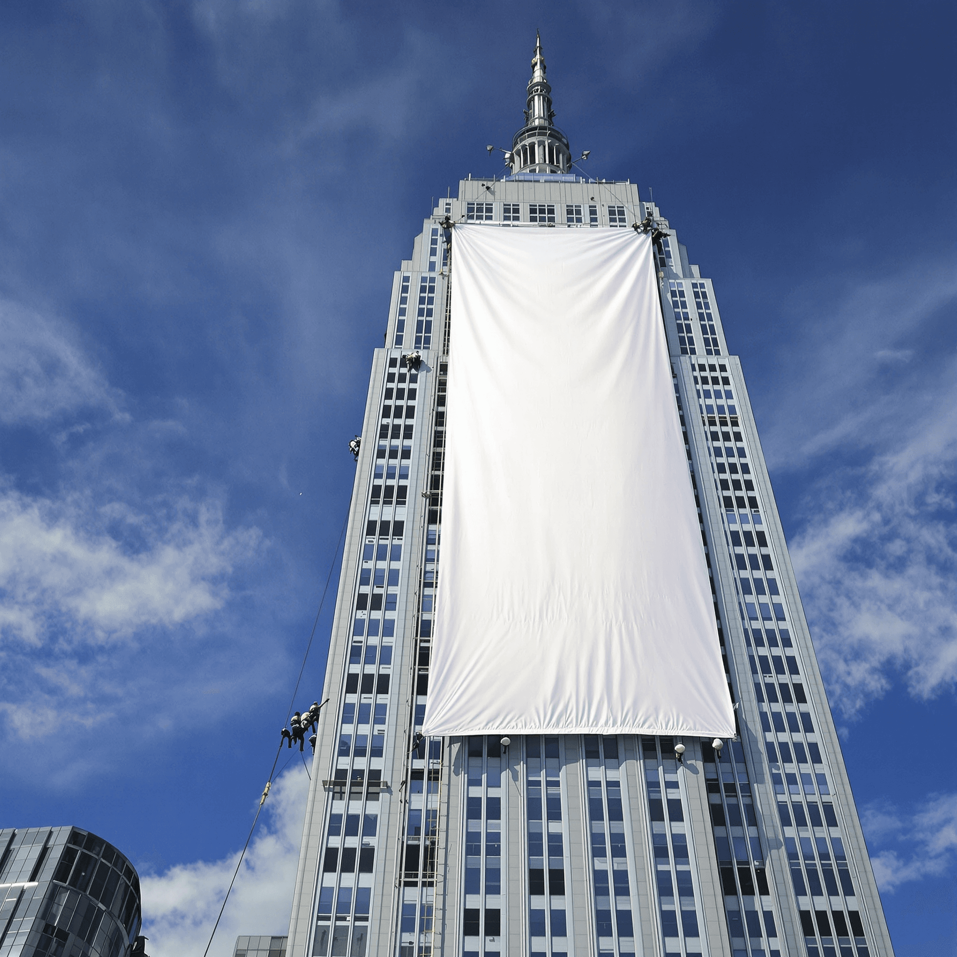 AI generated: The iconic Empire State Building in New York City, with a team of workers carefully installing a mas...
