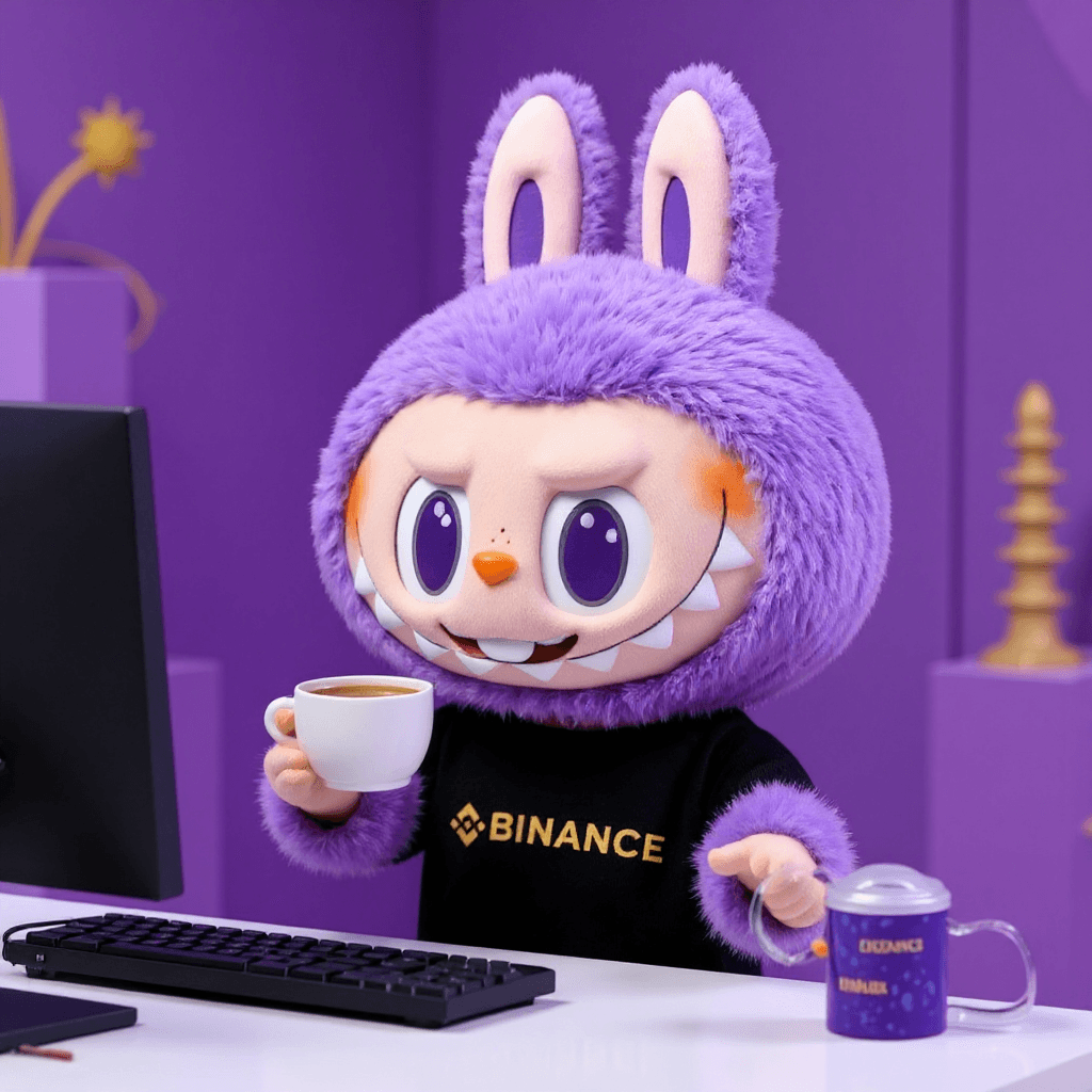 AI generated: A cute plush toy with large purple bunny ears and a toothy smile, wearing a fluffy purple hooded out...