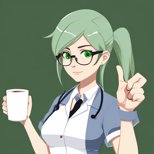 AI generated: ultra-cute MEDICAL woman, 2D,  with green eyes, looking very tired and slightly sick, holding a coff...