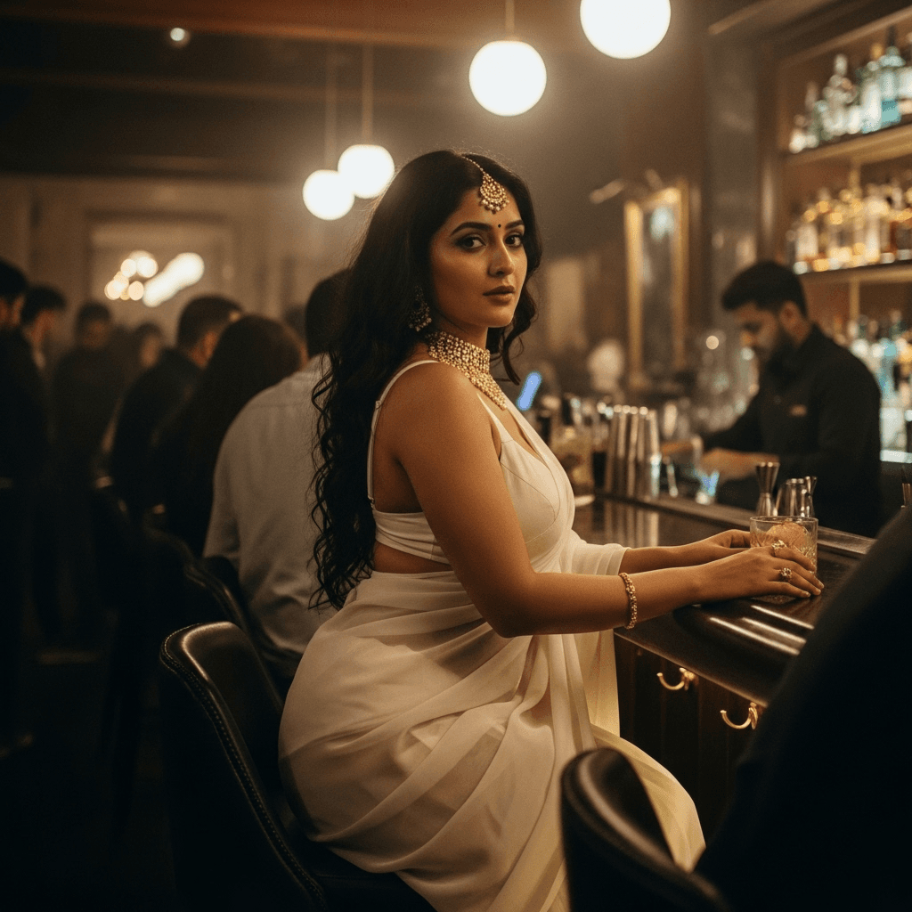 AI generated: curvy indian wearing transparent saree, sitting at bar