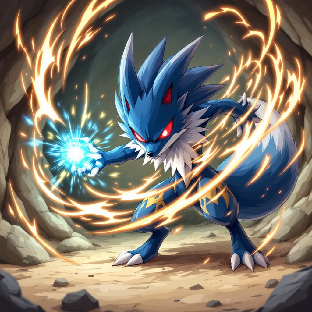 AI generated: mega lucario, red eyes,  attack stance, casting a blue energy ball, detailed, professional lights, s...