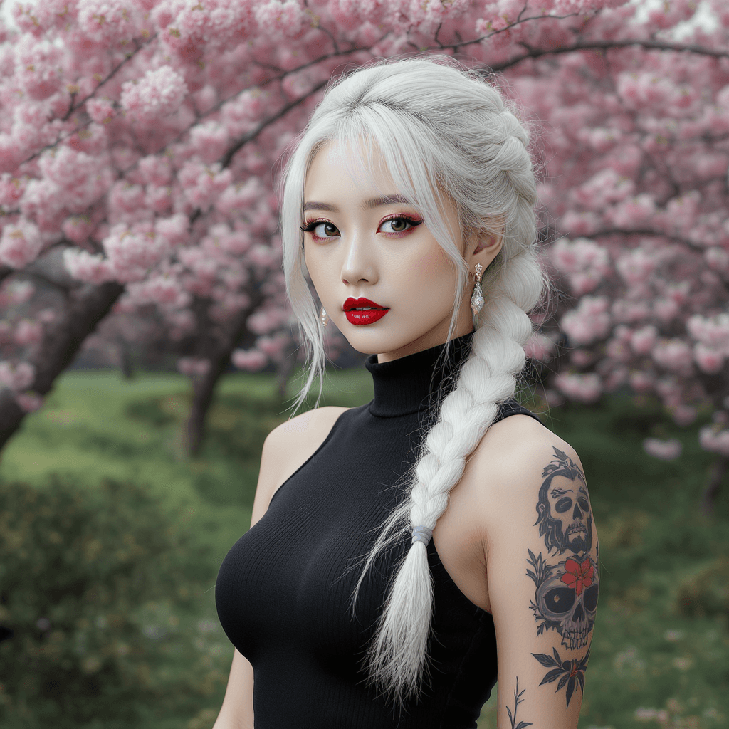 AI generated: Hyperrealistic portrait of a stunning Korean kpop idol with a white braided ponytail, full sleeve ta...