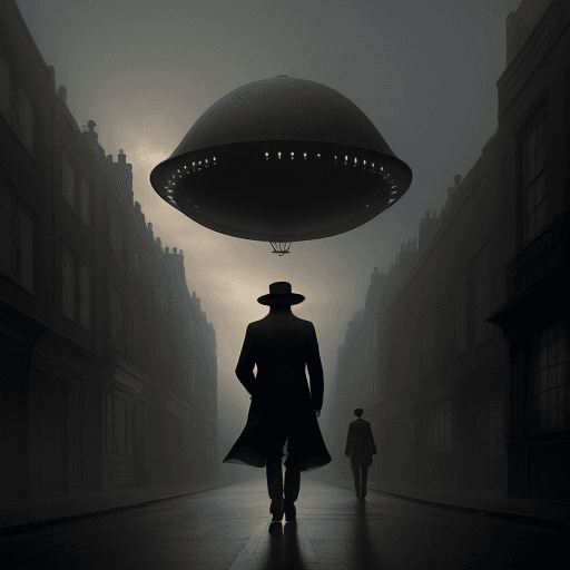 AI generated: UFO Flying saucer in the sky, English gentleman walking alone on the streets of victorian london, du...