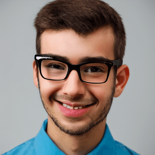 AI generated: youthful male , square face , square glasses , nerd, short  hair, middle eastern, small lips, smile