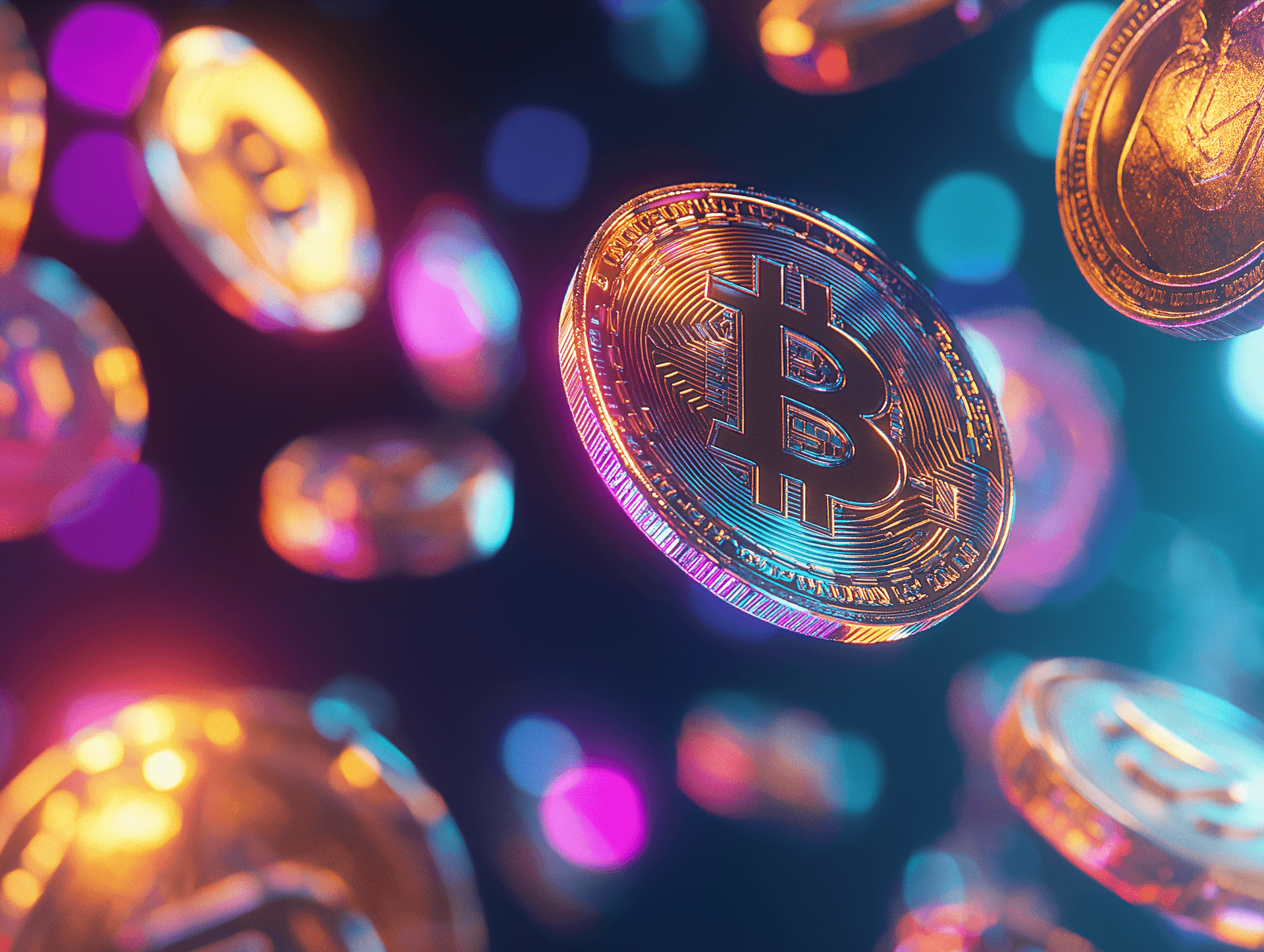 AI generated: 3D futuristic crypto coins (Bitcoin, Ethereum, Ripple, Litecoin) floating in mid-air, reflecting a s...