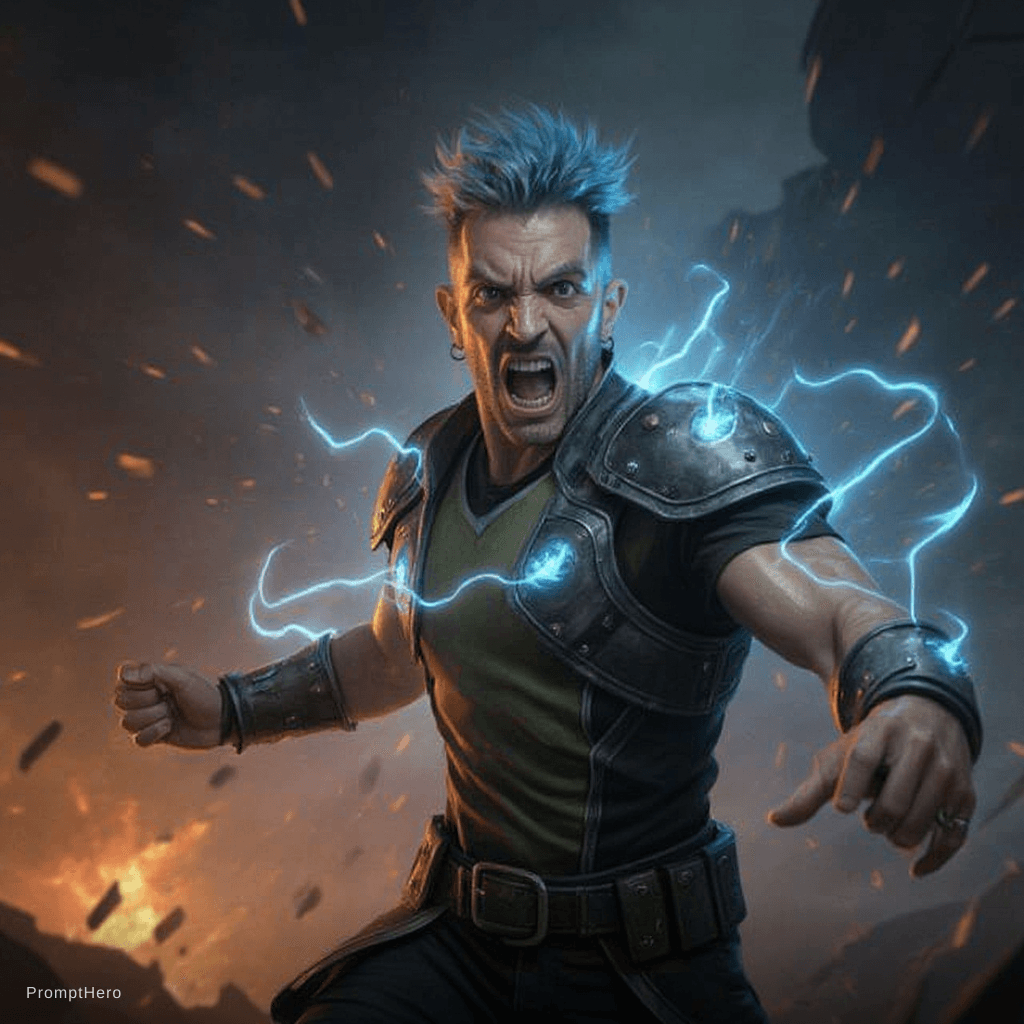 AI generated: realistic style, input image fighting at war, raging, blue hair, character design, body is adorned w...