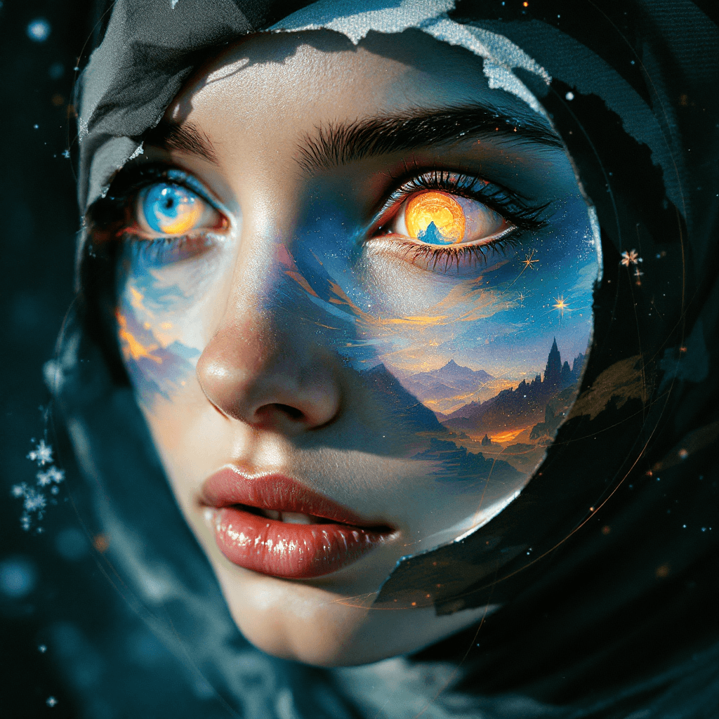 AI generated: Woman's portrait: her eyes are abstract portals into her soul, showing a constant flux of emotional ...