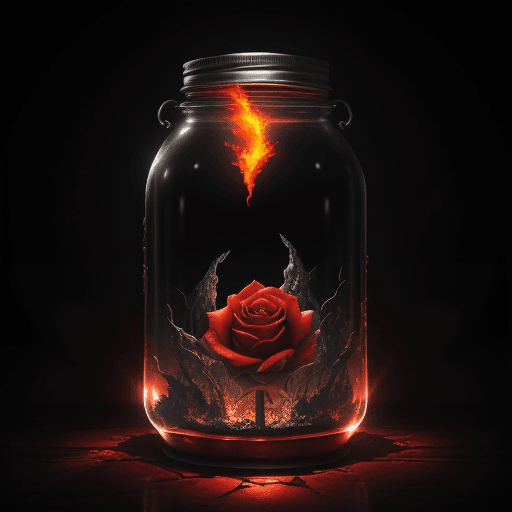 AI generated: A rose trapped in a jar on the floor of hell, within the jar, there is a celestial ecosystem, surrou...