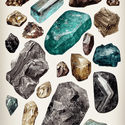 AI generated: full page antique lithograph of gemstones minerals, White background, art print, clean brush stroke,...