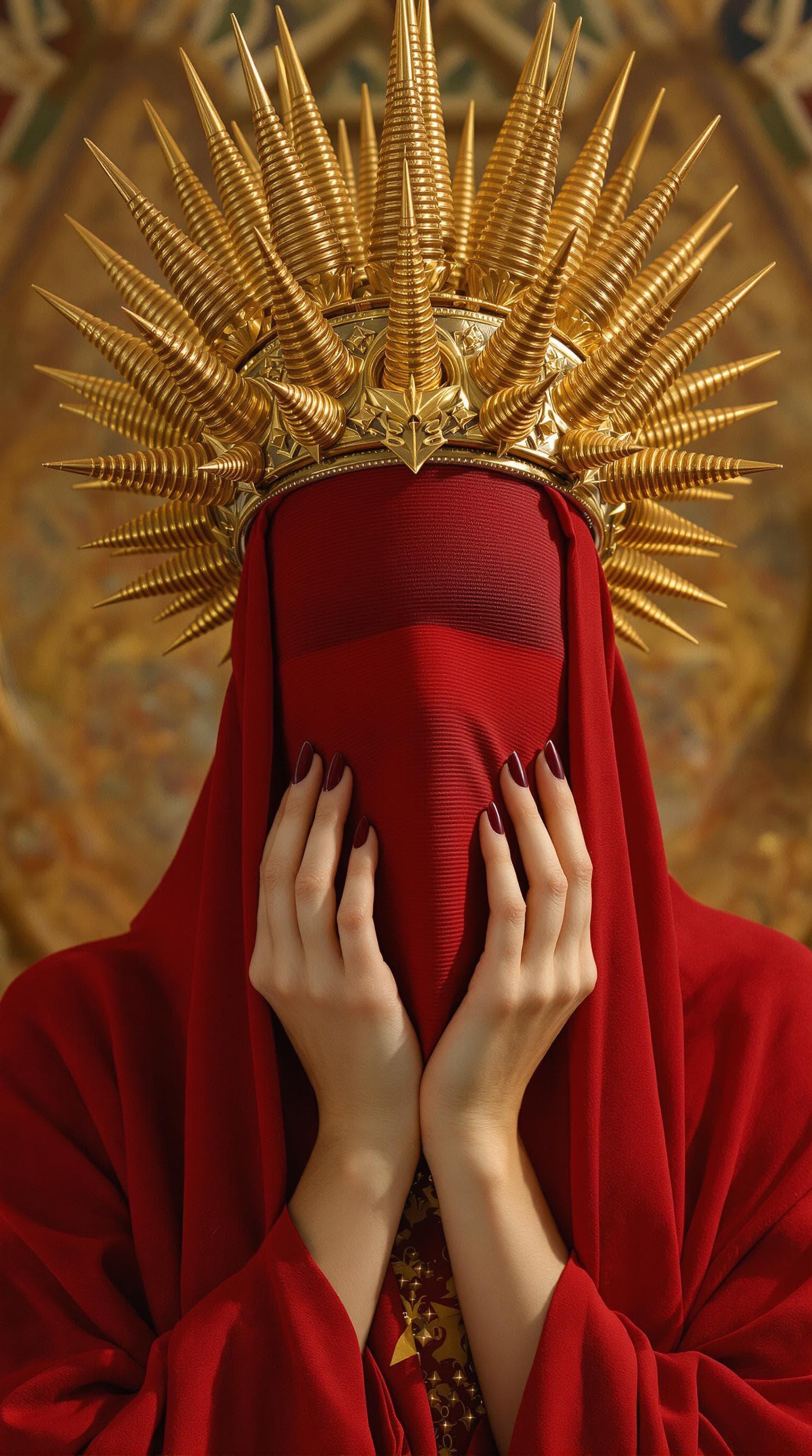 AI generated: lady in red veils her face and has a large golden spiked crown, in the style of celestial fasion, ot...