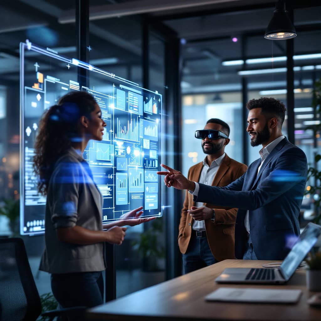 AI generated: /imagine prompt: Diverse professional team in modern office, 35-year-old Indian woman presenting on ...