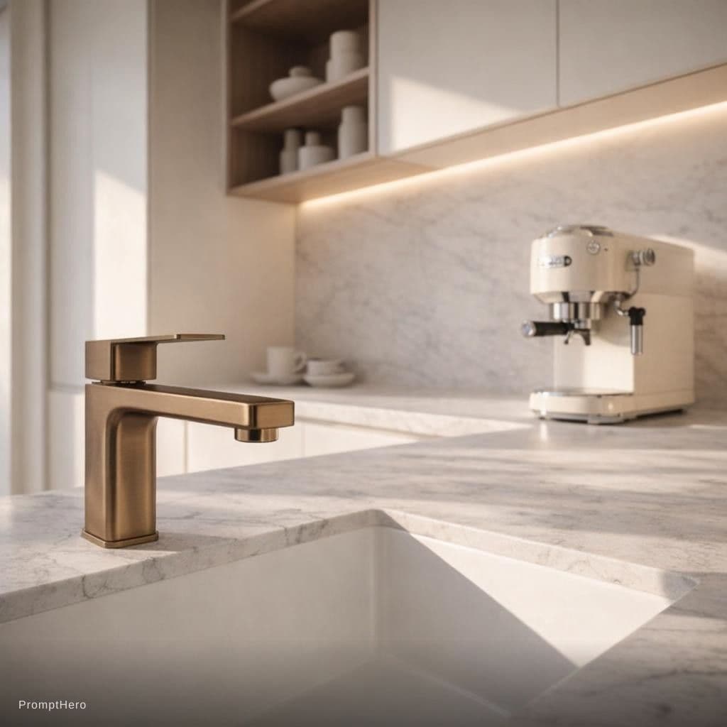 AI generated: modern kitchen, sleek eggshell light beige finishes, with a beige and wood, white marble, EF 24mm f/...