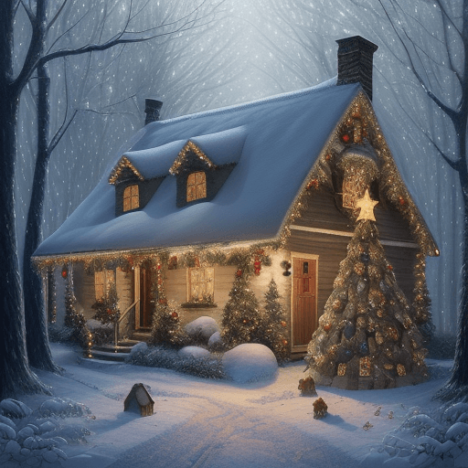 AI generated: Art by Kajenna, full body, christmas evening in winter forest, falling snow christmas tree and engli...