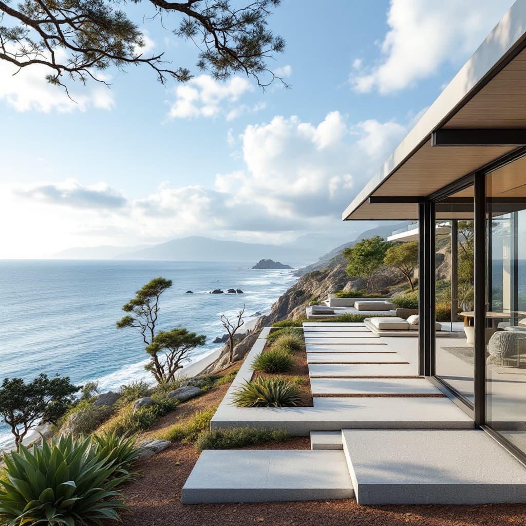 AI generated: Hyper realistic eye level exterior photo of a mid century modern style house overlooking the ocean, ...