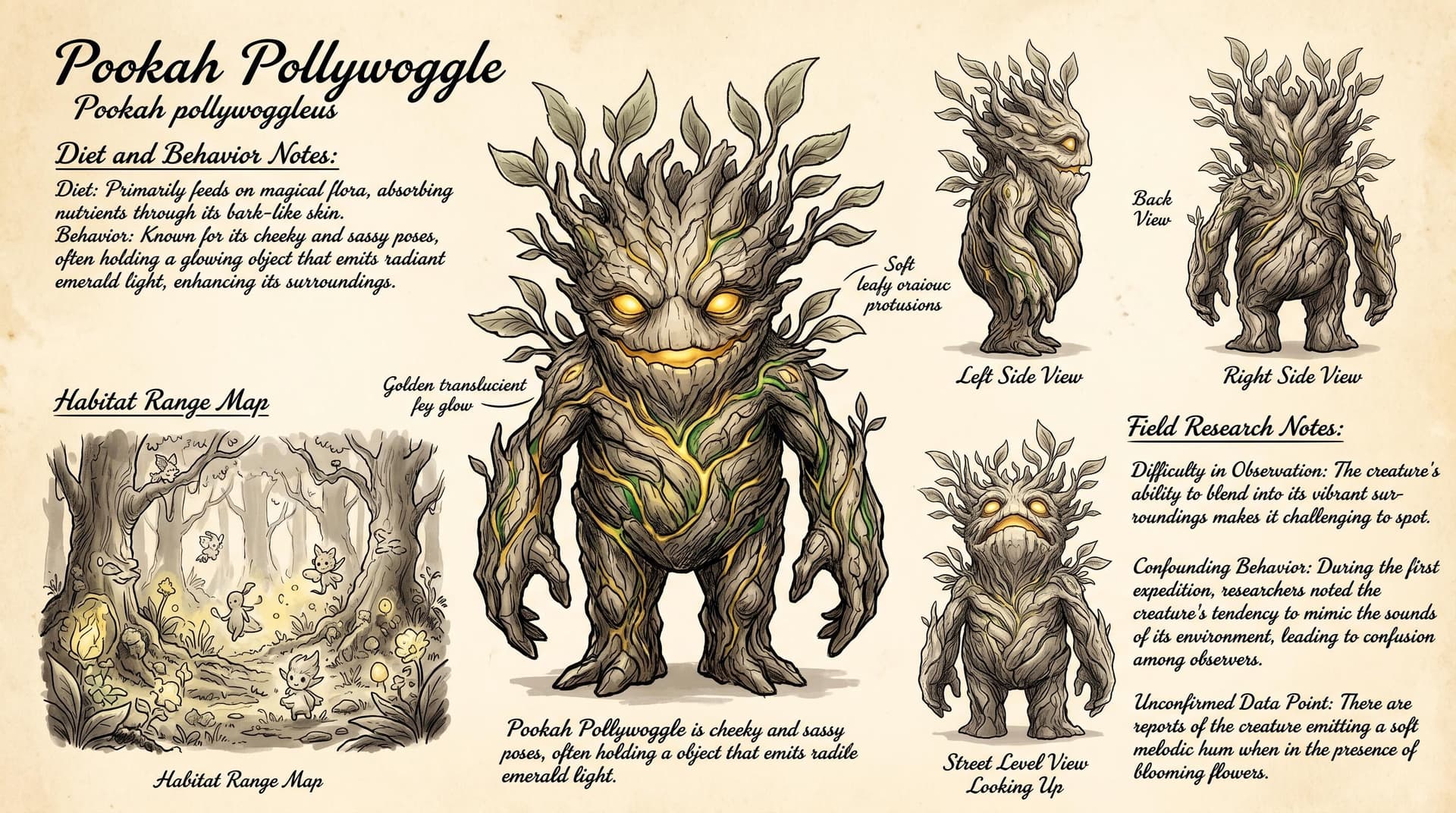 AI generated: A scientific record featuring a large, ancient gnarled Pookah Pollywoggle creature, illustrated in p...