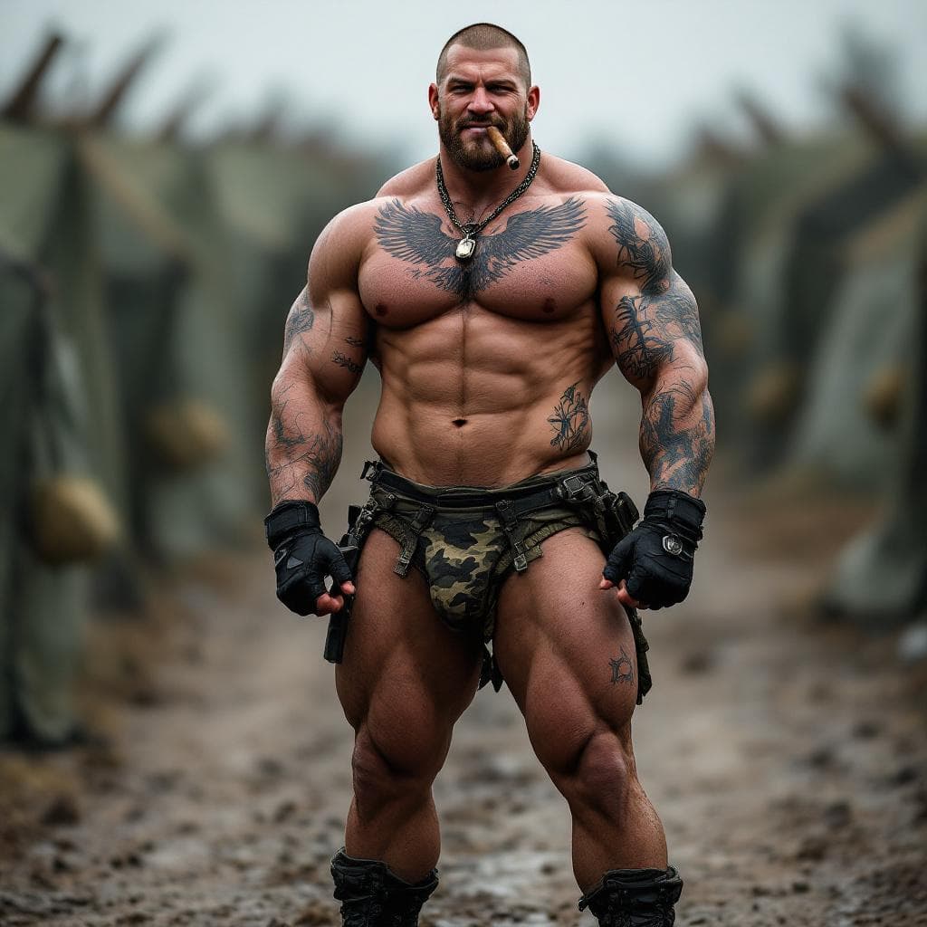 AI generated: Chris Redfield, Full body image, looking at us, shirtless, muscular abs, lots of tattoos, eagle ches...