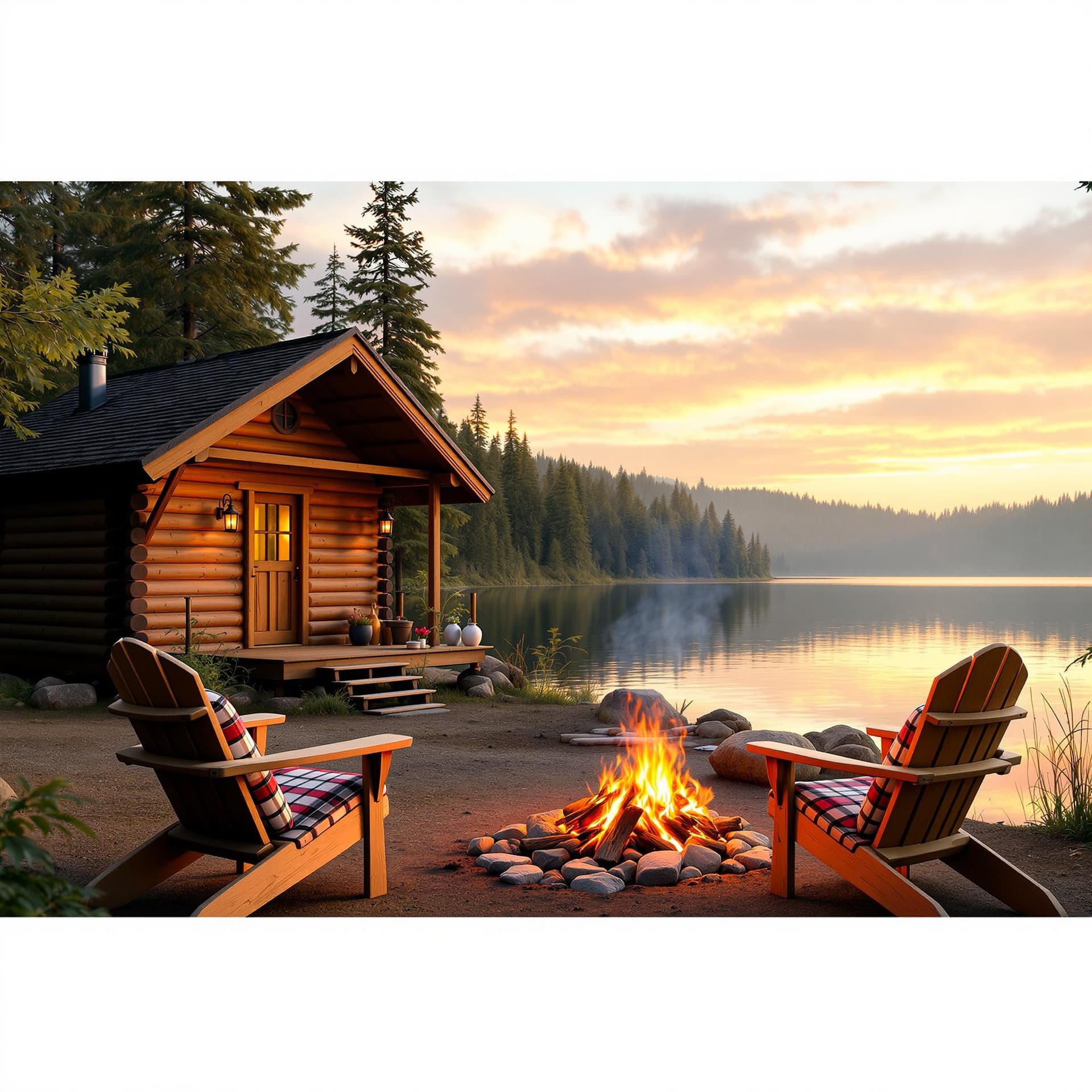 AI generated: A tranquil lakeside scene at sunset. A cozy wooden log cabin sits on the shore of a calm lake, surro...