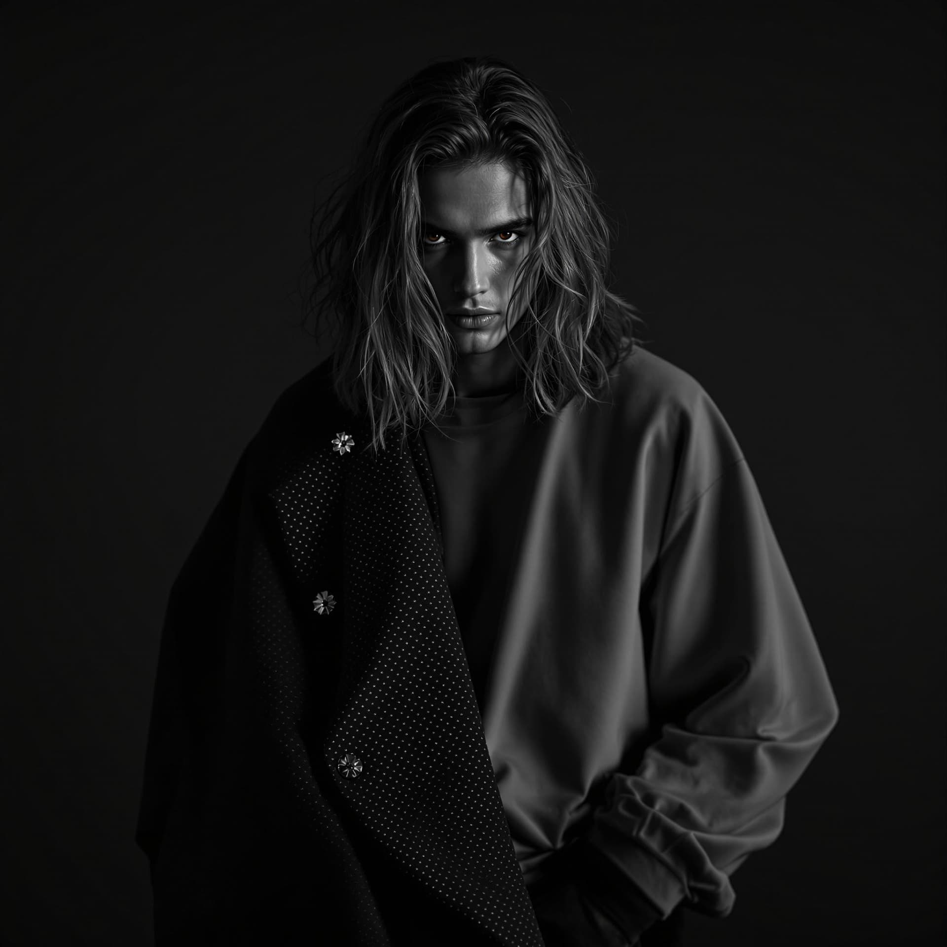 AI generated: photograph, full-body, young man professional model pose, minimalist fashion, stylish nessy long hai...