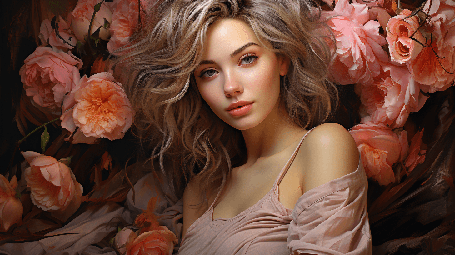 AI generated: a woman painting portrait painting of a young woman, She's adorned with elegant peonies and roses, H...