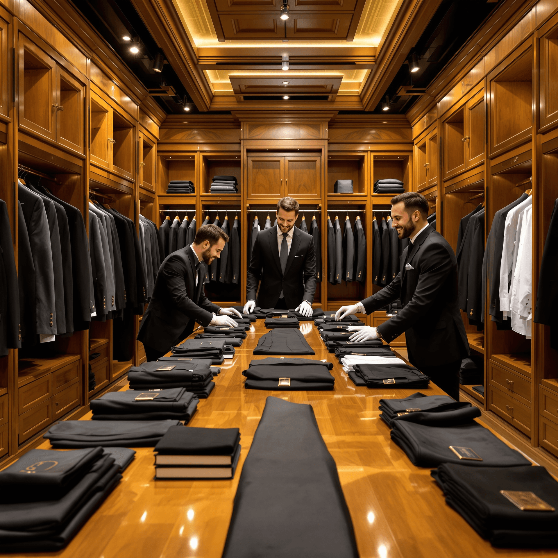 AI generated: A very luxurious wooden clothing dressing room. There are many suits, dress pants and dress shirts b...