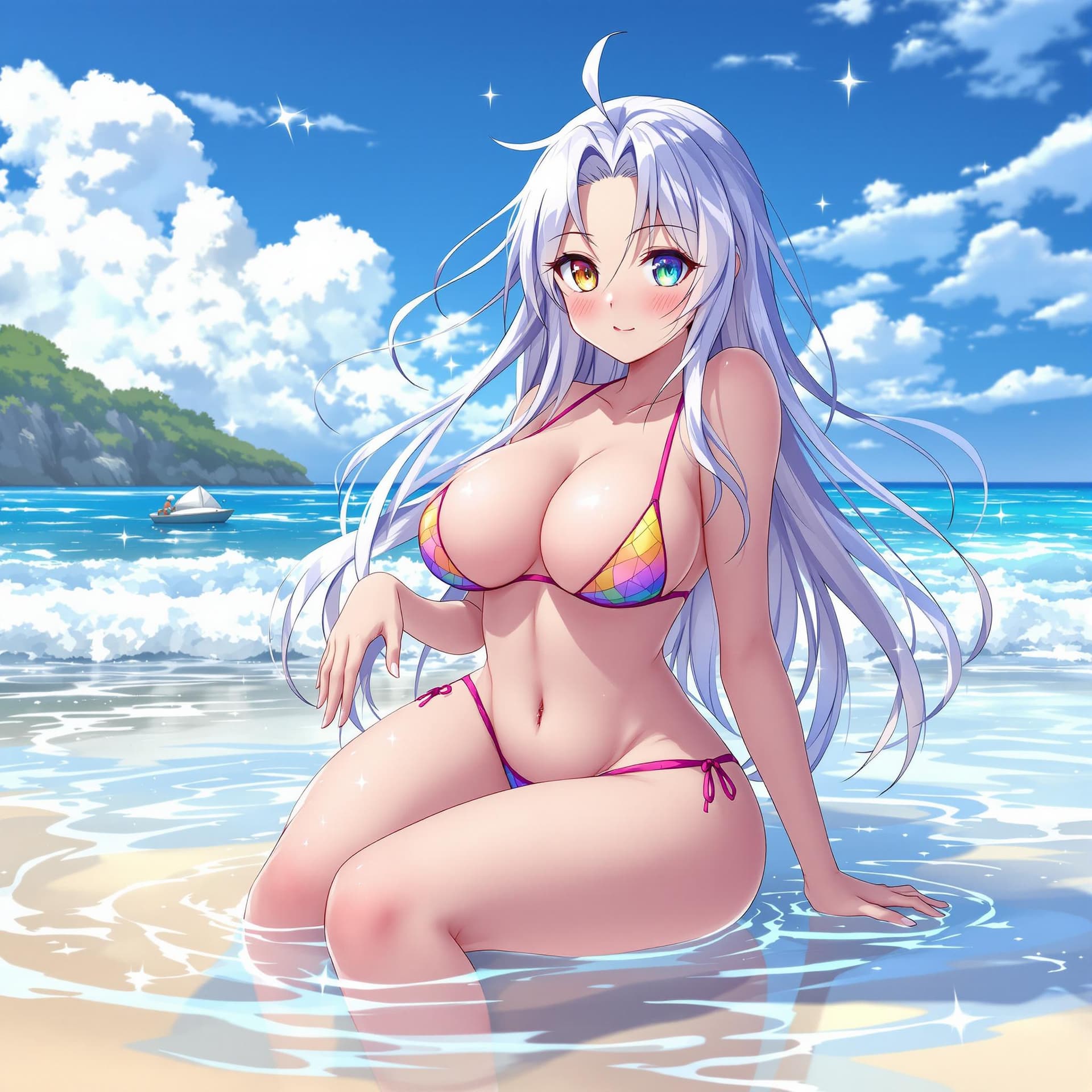AI generated: Anime girl, in a beach, wearing a bikini, big chest, wet, spread legs, rainbow eyes, hot, shy, silve...