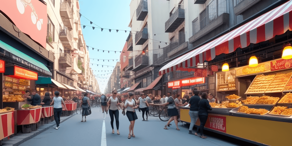 AI generated: a busy street with food, suitable to be used as a background image for a food tour youtube video thu...