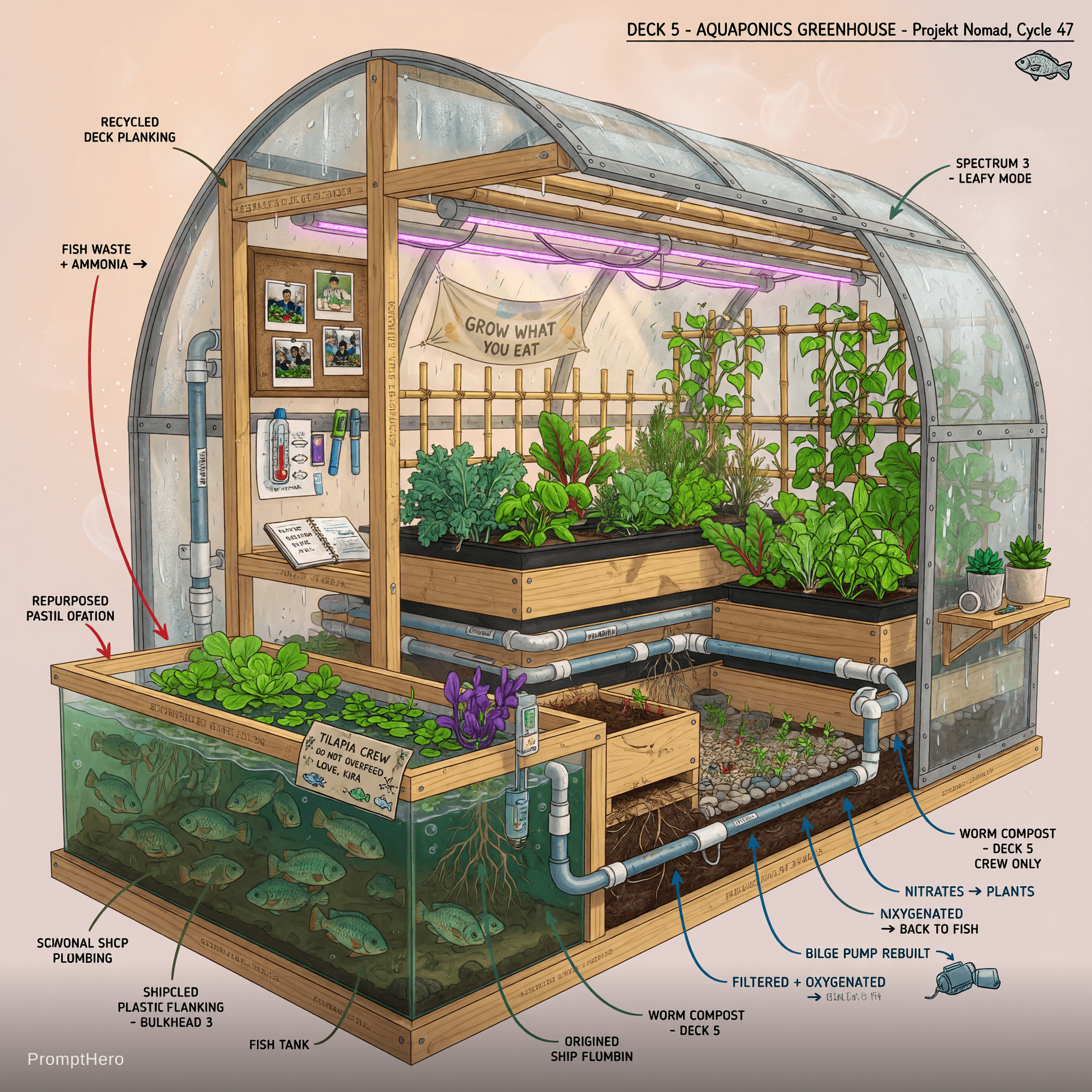 AI generated: Highly detailed technical interior cutaway view of the lush Aquaponics Greenhouse on Deck 5 of Proje...
