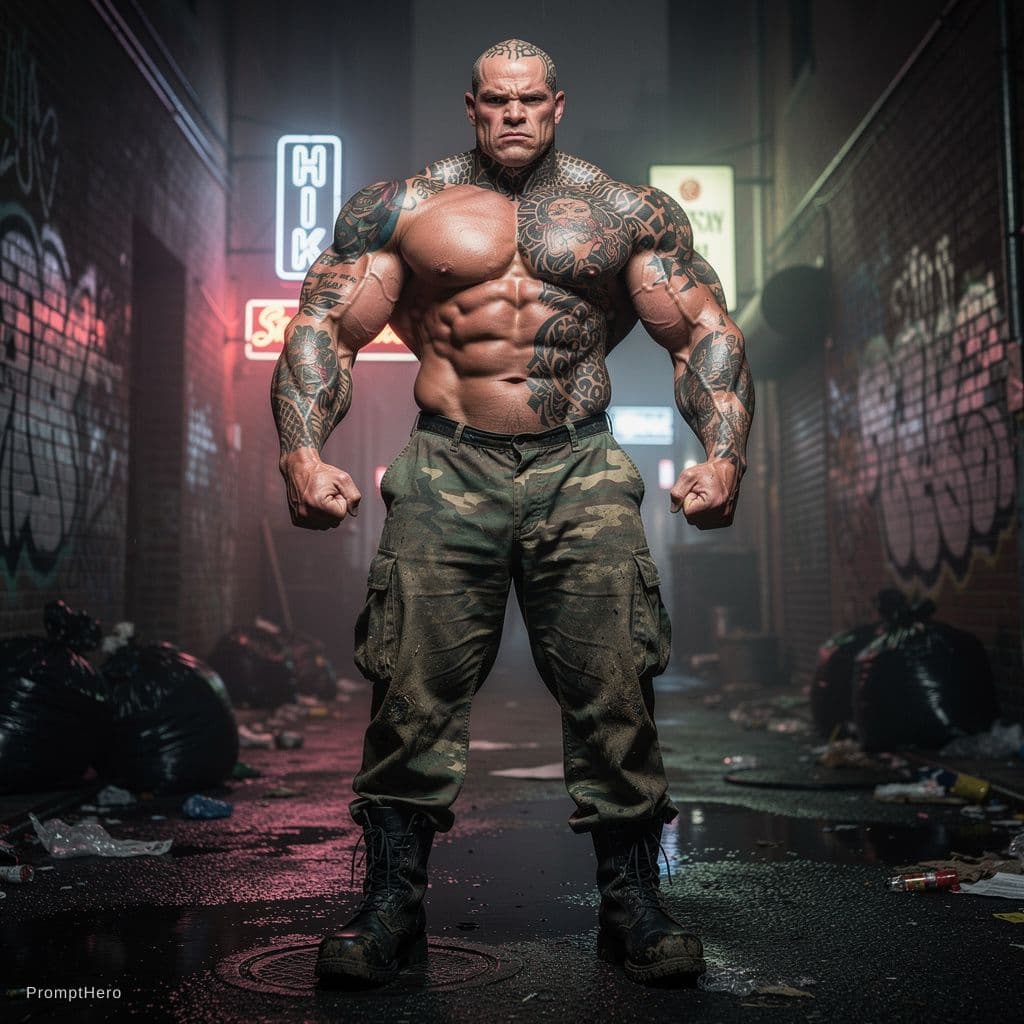 AI generated: Gigantic bodybuilder like hulk big large muscles big pecs pump um body large torso like bodybuilder ...