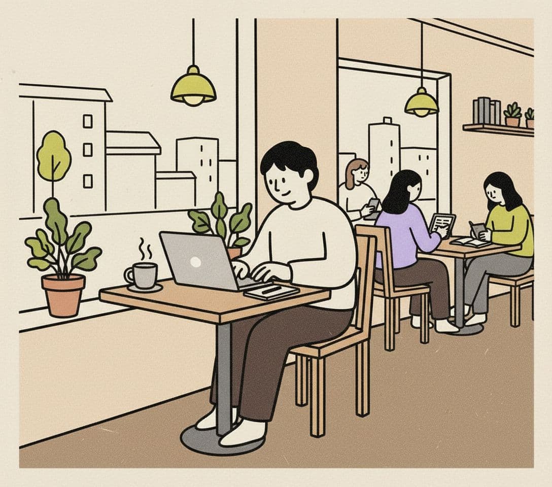 AI generated: Image of a person working at a coffee shop using the attached image as reference