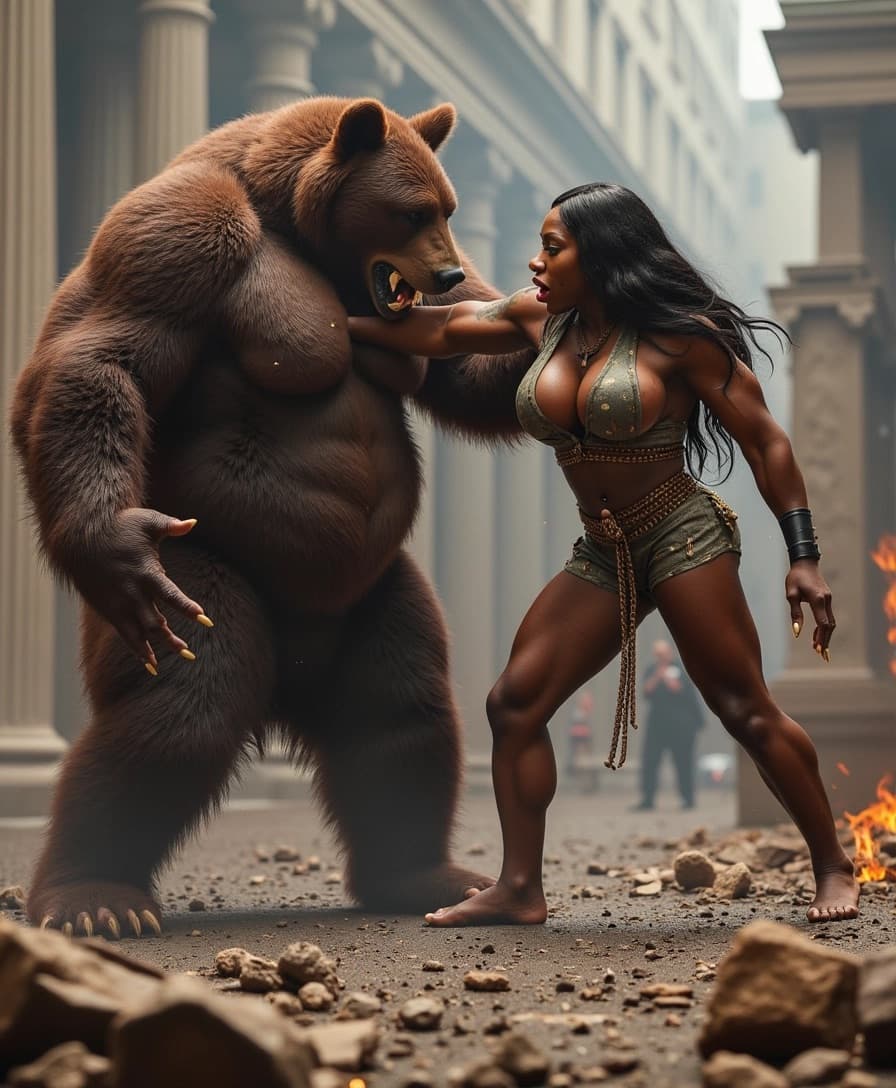 AI generated: Man against bear. Empowering and epic atmosphere.