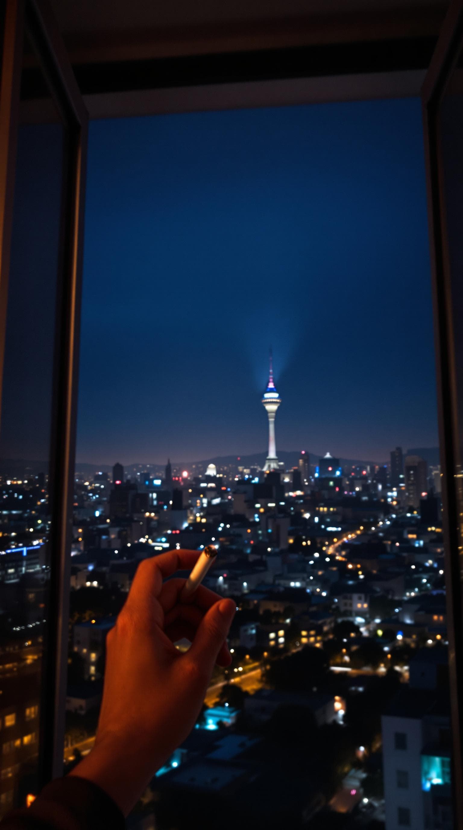 AI generated: POV first-person, I am standing by the open window, smoking a cigarette professionally, captured fro...