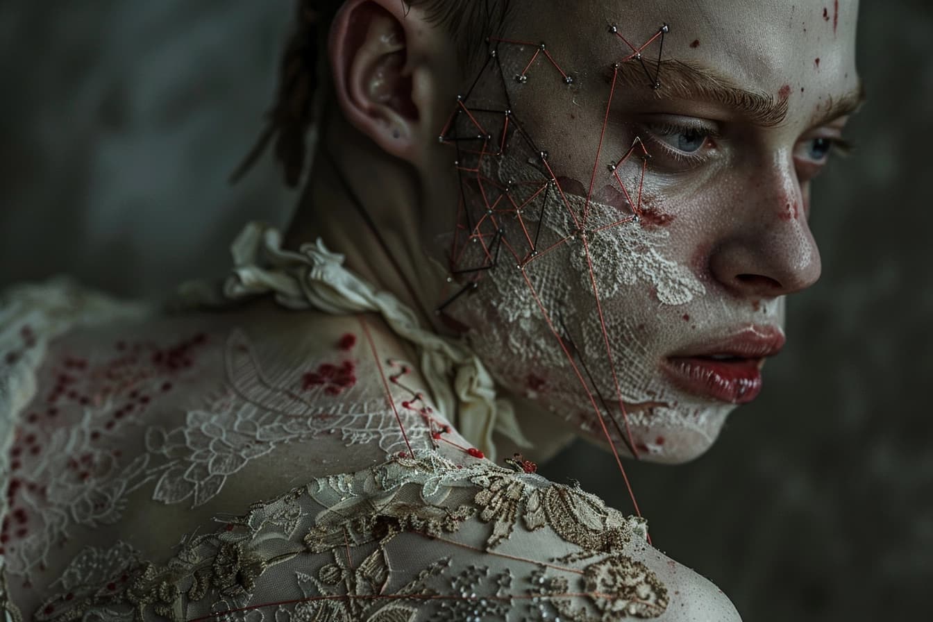 AI generated: the whole face and shoulders are pierced with painful threads in the style of Ukrainian embroidery, ...