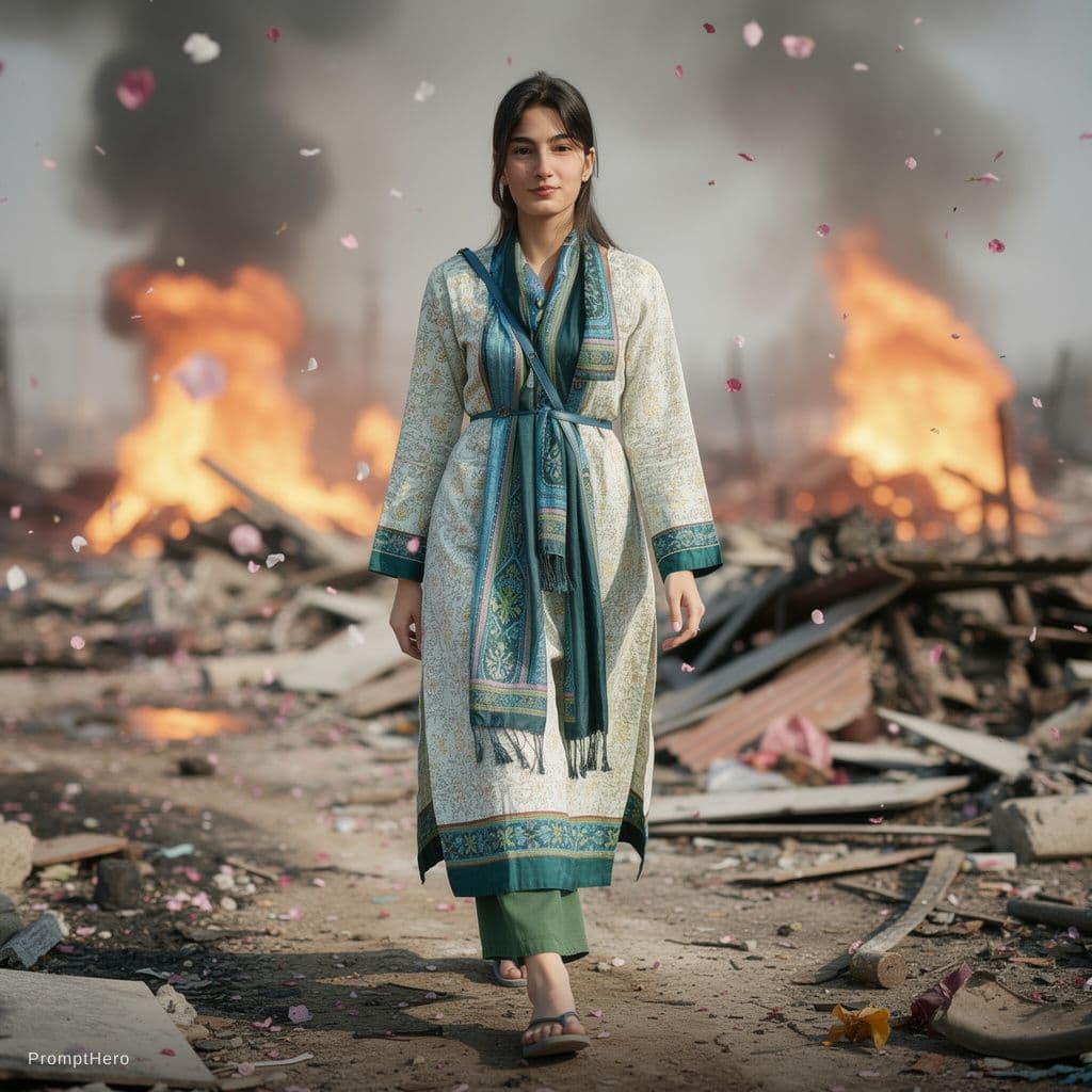 AI generated: the girl walks towards the camera while behind her the battle rages, fires burn and petals fall.