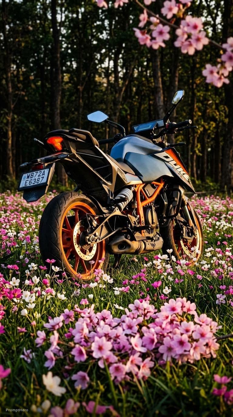 AI generated: extremely low shot of a forest in a field of flowers, add sakura petals in the foreground, the bike ...