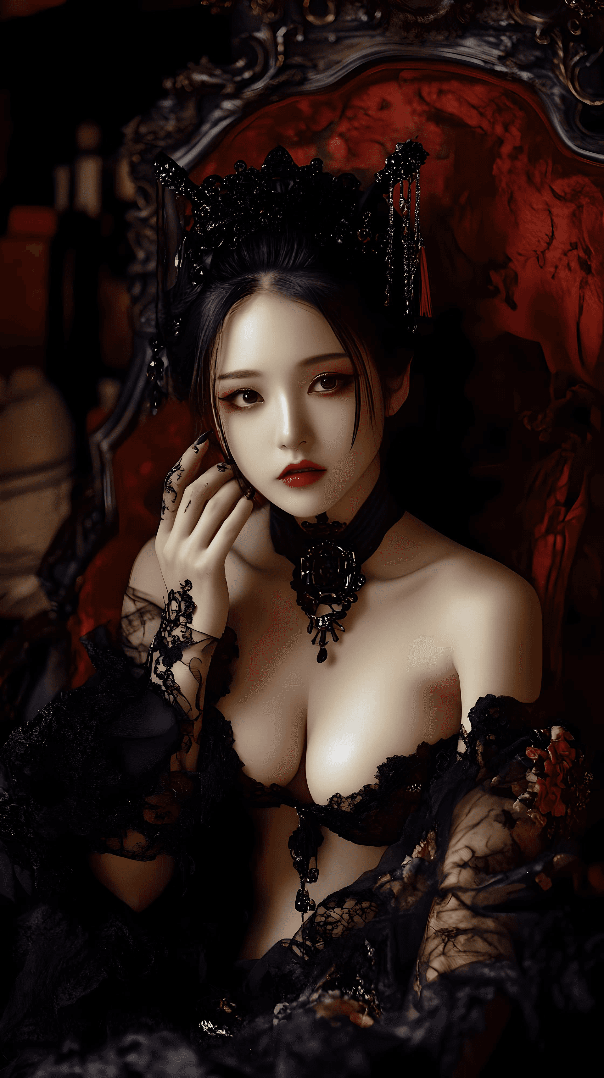 AI generated: A stunning model showcases the latest gothic fashion, featuring an elegant black lace dress and a st...