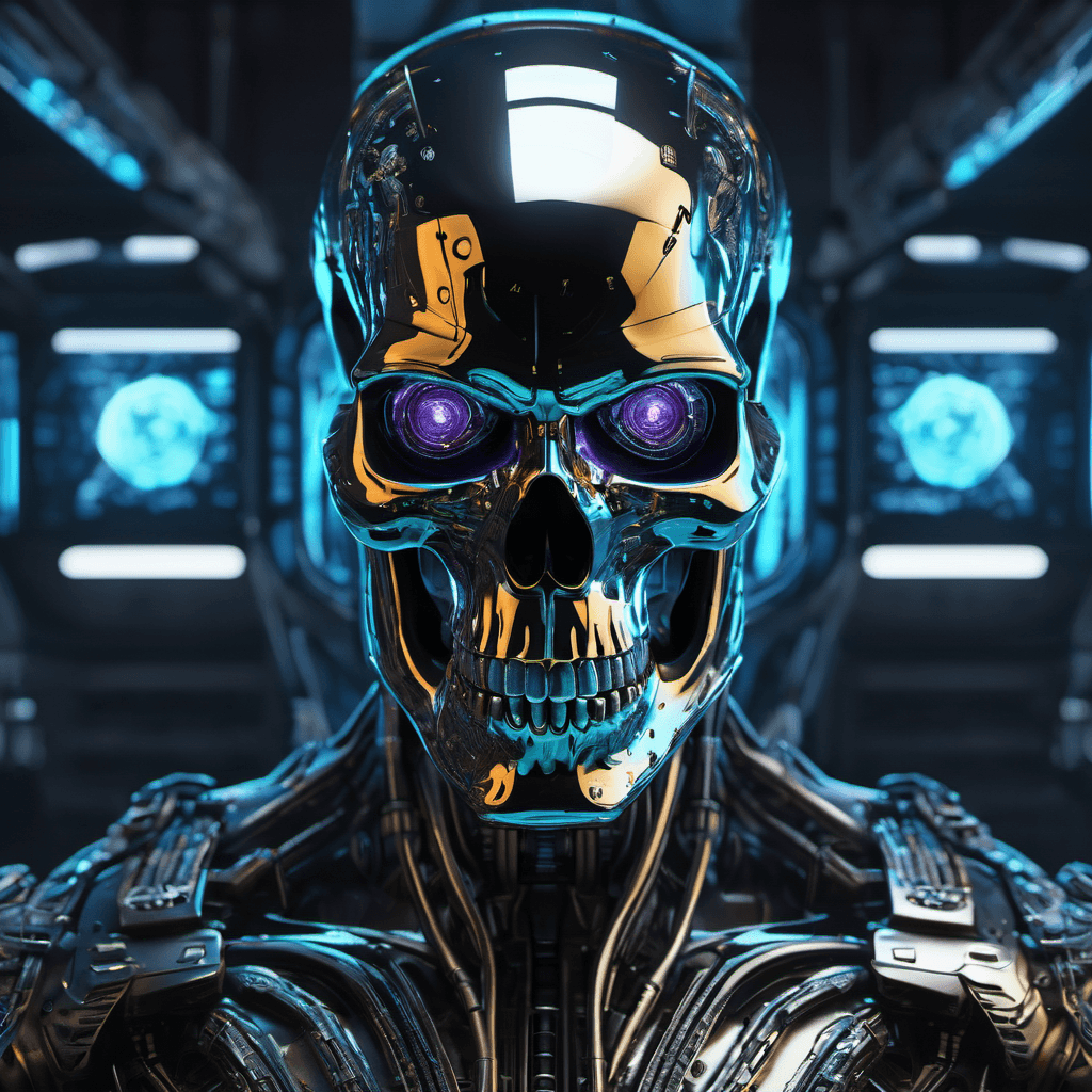 AI generated: skull-like face of terminator in the space station, neon lights reflections, reflection mapping, int...