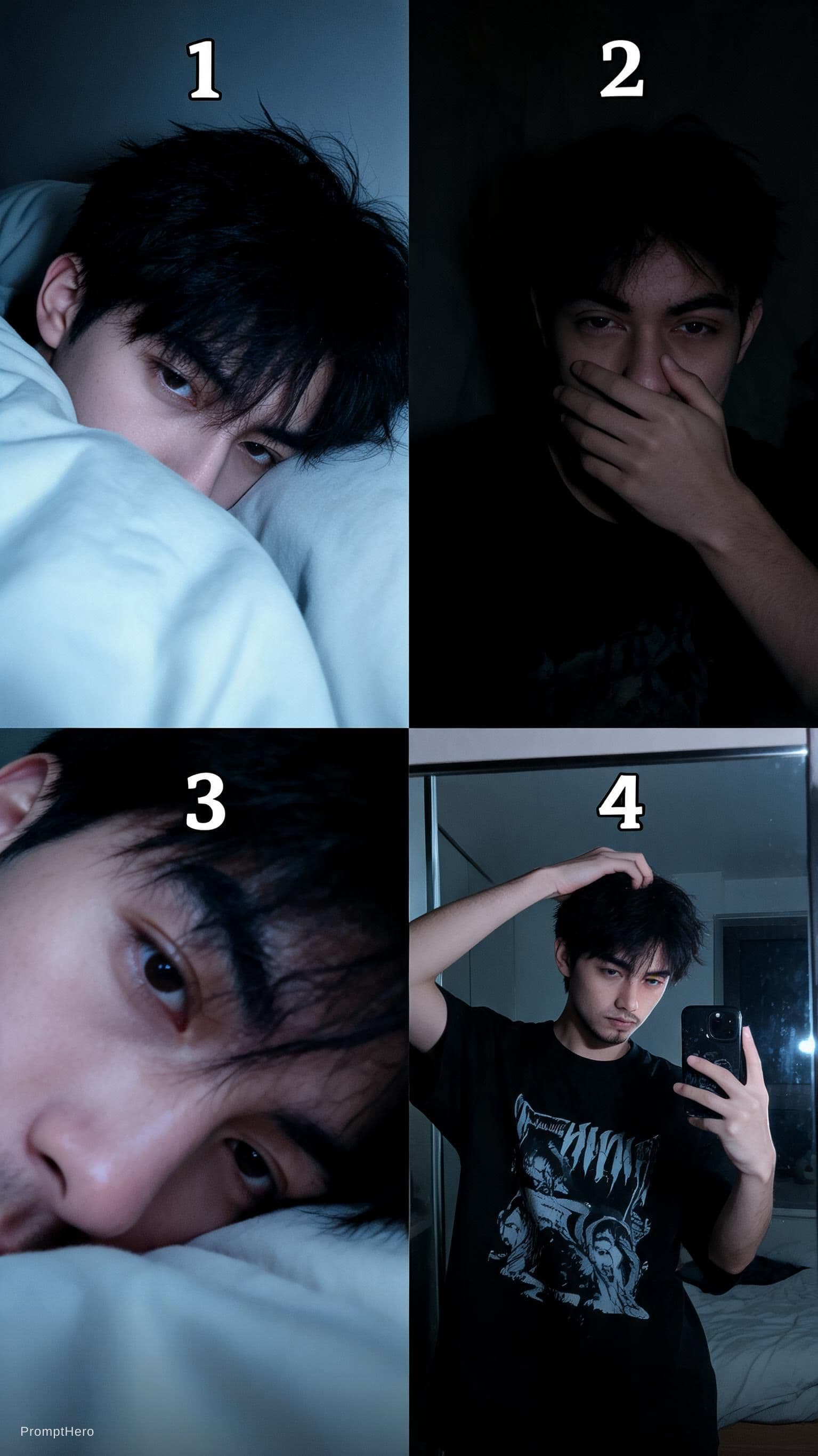 AI generated: Moody low-light collage of a young person with  short messy black hair  soft pale skin, tired expres...