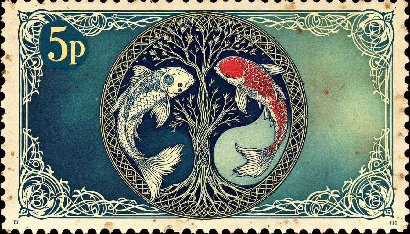 AI generated: retro vintage Postage Stamp design, pen and pearlescent opaline colored ink wash detailed illustrati...