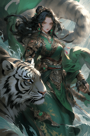 AI generated: A female warrior in green traditional Korean suit, emerald nature accessories, graceful stance, hold...